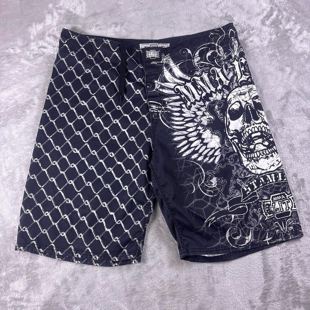 MMA Elite Board Shorts Mens Large Black White Skull Wings Y2K Fight Combat